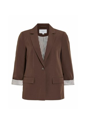 Blazer marron à bouton unique avec revers cranté, doublure intérieure rayée visible sur les manches retroussées, et deux poches avant à rabat.