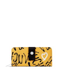Yellow wallet made of leatherette featuring black graffiti-style text and a white heart design. Fastened with a black ribbon.
