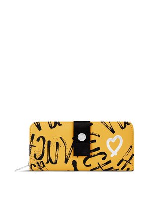 Yellow wallet made of leatherette featuring black graffiti-style text and a white heart design. Fastened with a black ribbon.