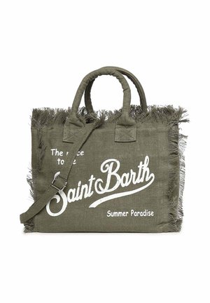 Sac cabas en toile vert olive avec bords effilochés, double anses, bandoulière réglable et texte blanc « Saint Barth Summer Paradise ».