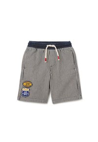 Pantaloni corti a righe in cotone blu navy e bianco, con vita elastica, cordoncino e due toppe sulla gamba sinistra.