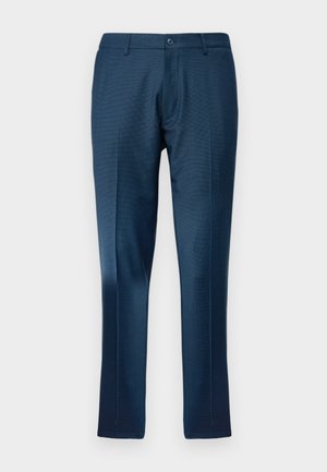 Pantalons bleu marine avec un motif à carreaux discret, en tissu lisse, dotés d'une fermeture à bouton et de jambes droites.