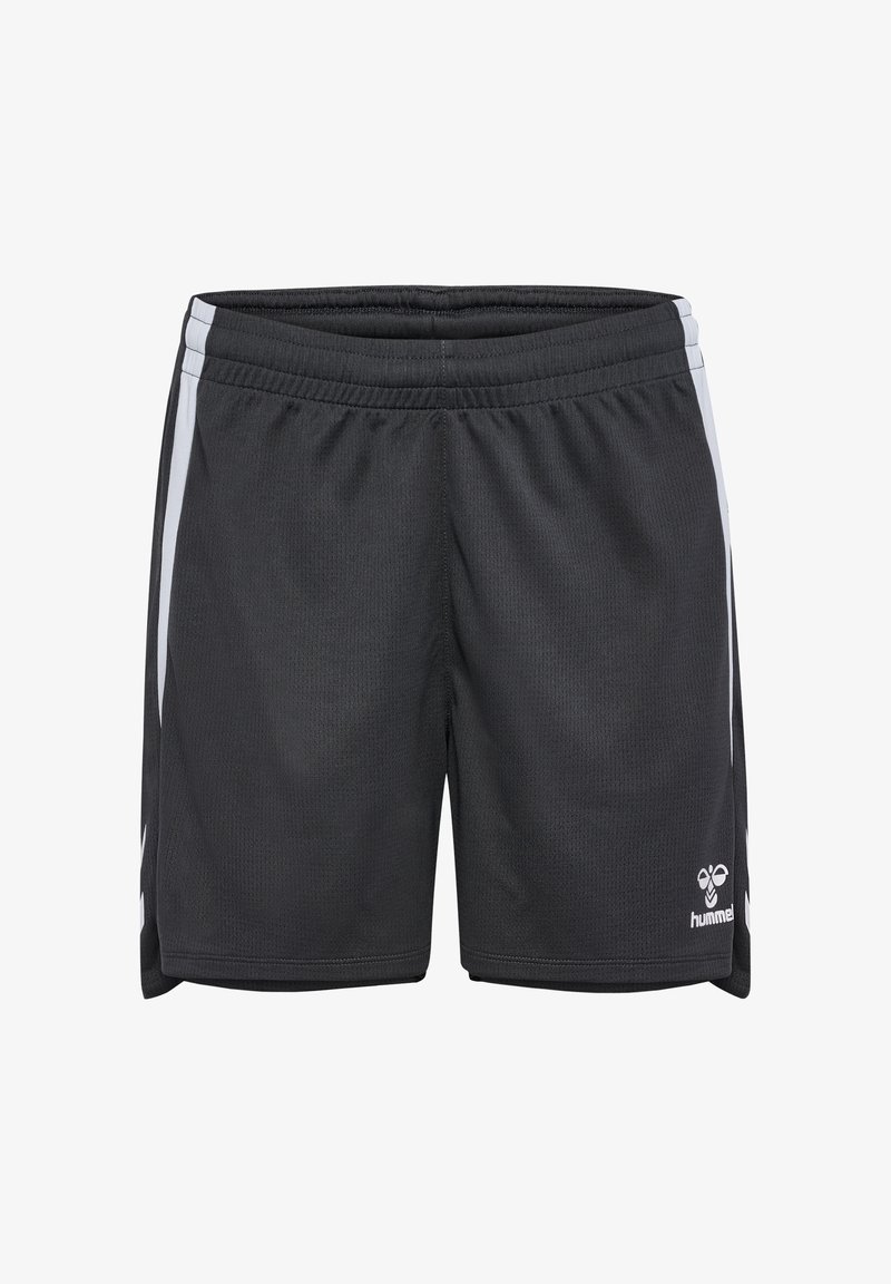 Zwarte sportshorts met een gestructureerde afwerking, voorzien van witte zijstrepen en een logo aan de rechter onderkant. Elastische tailleband voor comfort.