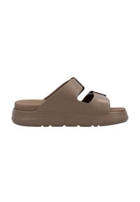 Brown synthetic slide sandal featuring two wide straps, a cushioned sole, and rubber tread for grip. Edges are smooth with a matte finish.