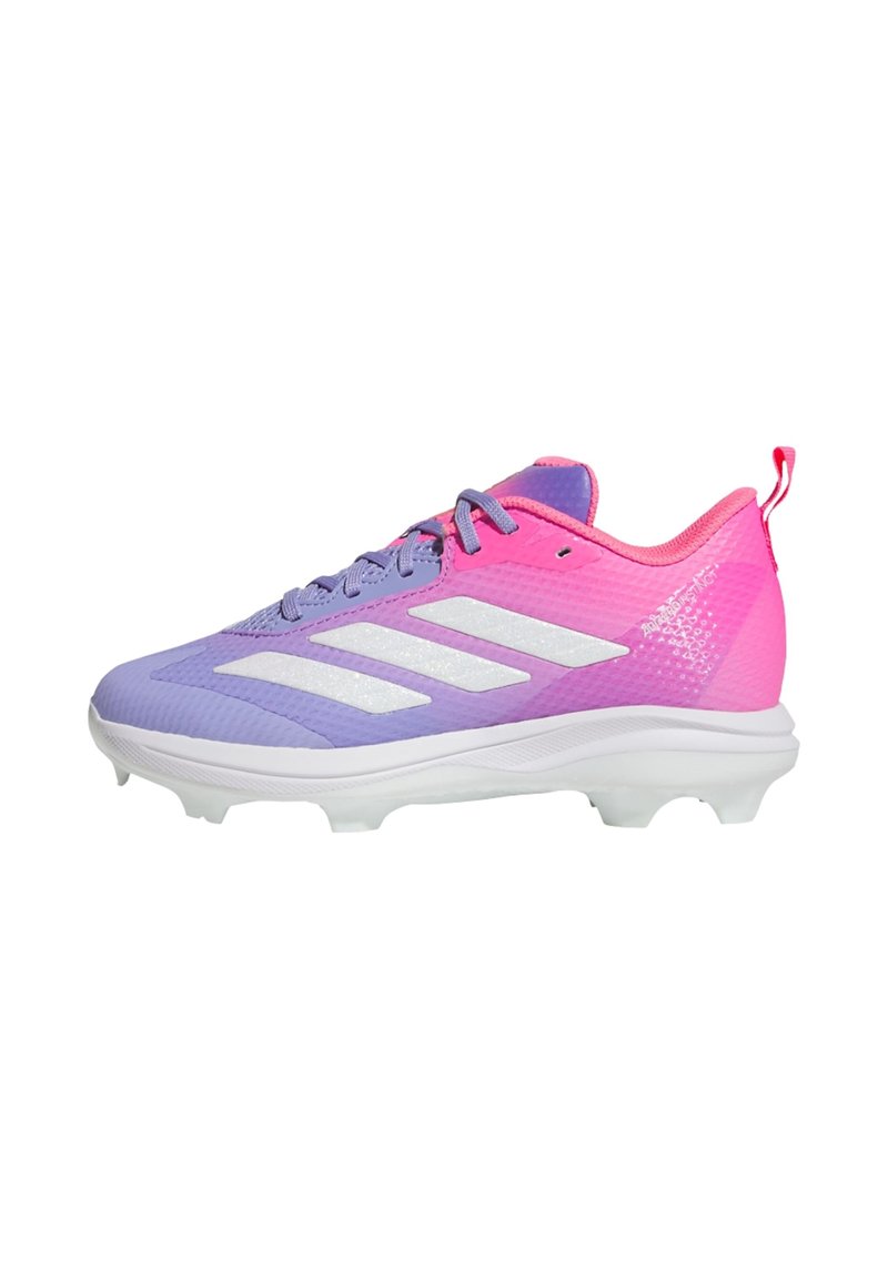 Lila und rosa Schuh mit weißen Streifen, Schnürsenkeln und genoppten Sohlen für den Outdoorsport.