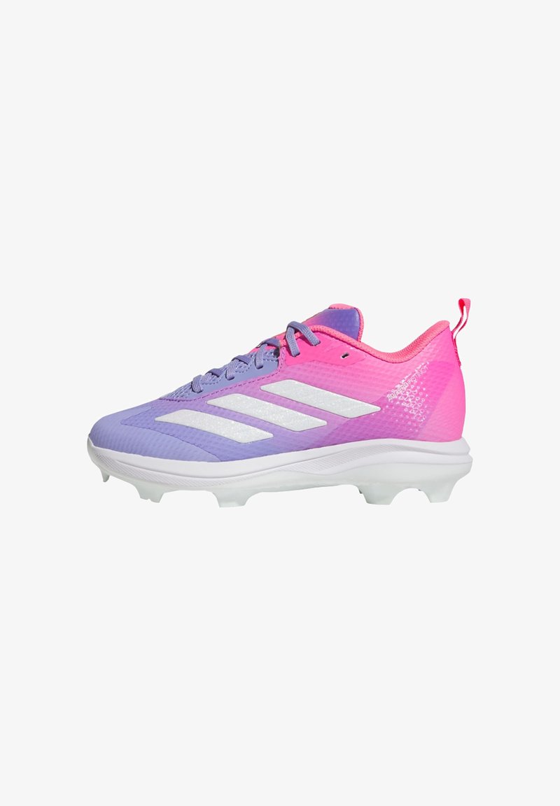 Lila und rosa Schuh mit weißen Streifen, Schnürsenkeln und genoppten Sohlen für den Outdoorsport.