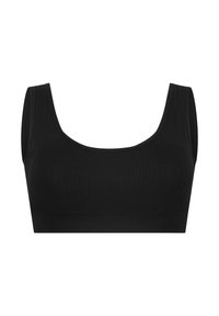 Black ribbed bralette with wide shoulder straps, a scoop neck, and a seamless band. Soft texture with a fitted design for comfort.