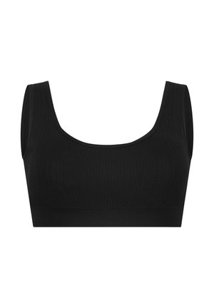 Black ribbed bralette with wide shoulder straps, a scoop neck, and a seamless band. Soft texture with a fitted design for comfort.