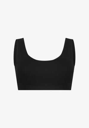 Schwarze, gerippte Bralette mit breiten Trägern, einem Rundhalsausschnitt und einem nahtlosen Bund. Weicher Stoff mit passgenauer Form für hohen Tragekomfort.