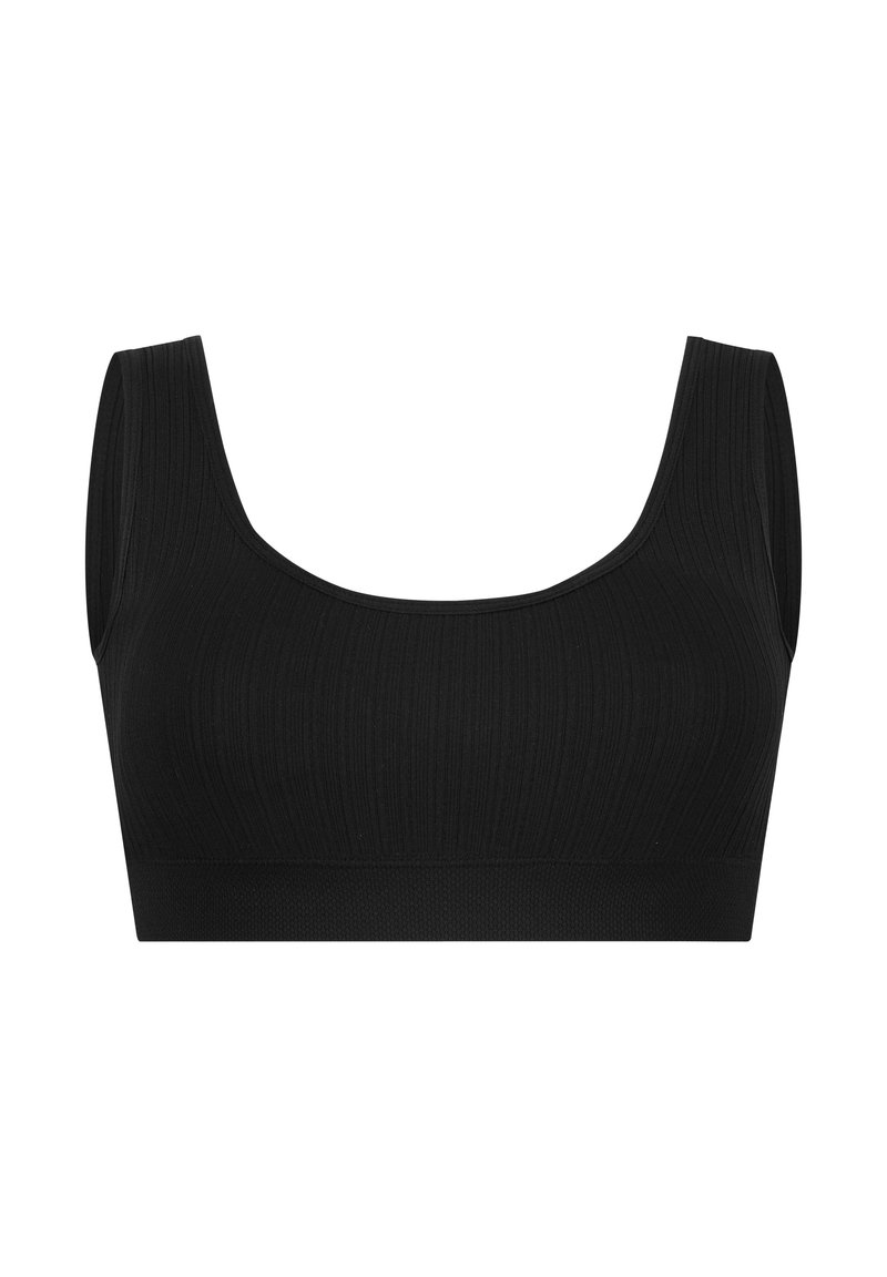 Zwarte ribbelige bralette met brede schouderbanden, een ronde hals en een naadloze band. Zachte textuur met een aansluitend ontwerp voor comfort.