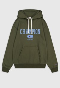 Felpa verde oliva con tasca a marsupio, lacci bianchi e testo blu "CHAMPION ATHL. DEPT." con una patch del logo sulla manica.