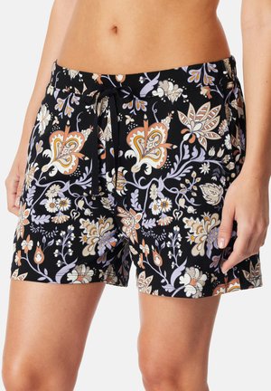 Schwarze Blumen-Shorts mit einem lebhaften Muster in Creme, Orange und Lila. Hergestellt aus leichtem Stoff mit elastischem Bund und Zugband.