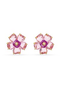 Brincos em forma floral, com várias pedras em forma de coração, uma pedra central roxa e Acabamentos em ouro.