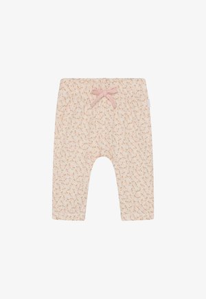 Lichtbeige broek met een bloemenpatroon in roze en groen. Elastische tailleband met een roze strikdetail. Zachte stof, taps toelopend broekspijpenontwerp.
