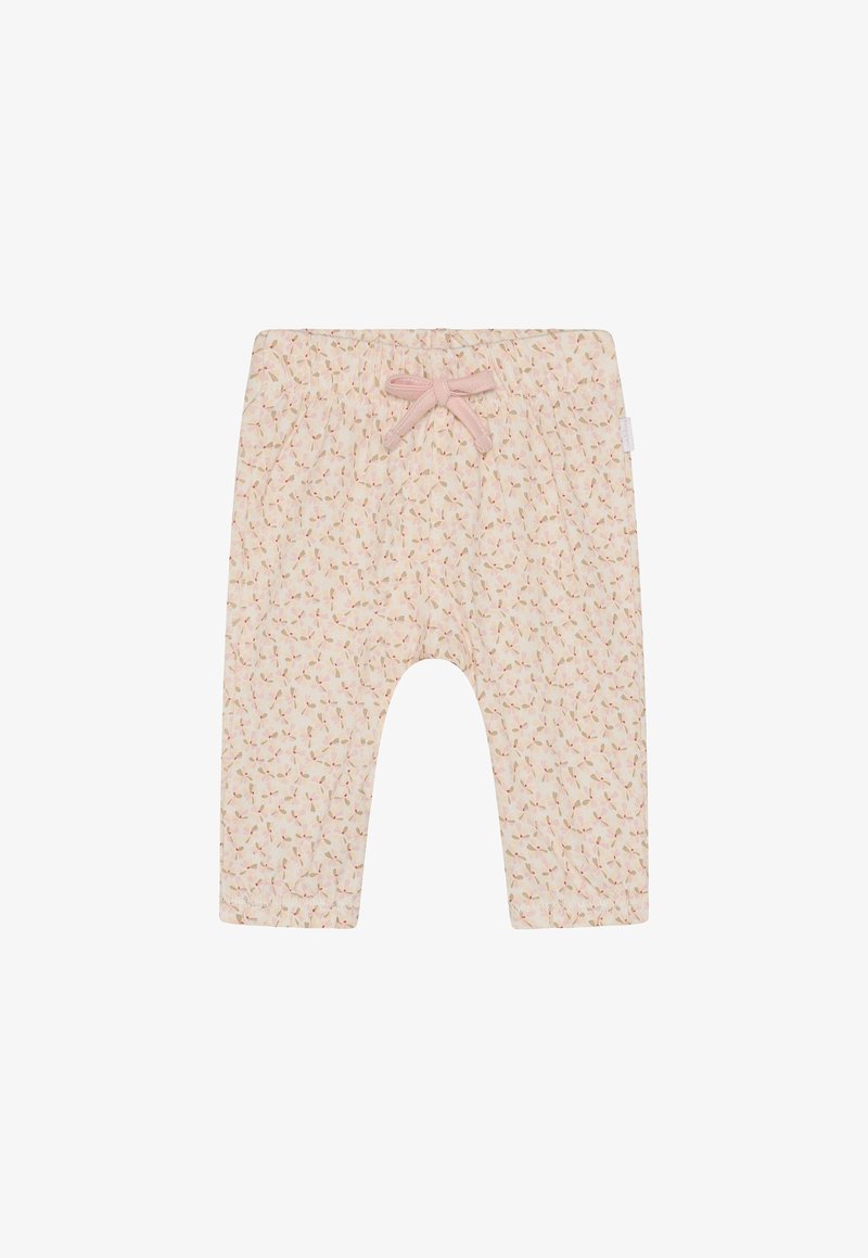 Pantalones beige claro con un estampado floral en rosa y verde. Cintura elástica con un detalle de lazo rosa. Tejido suave, diseño de pierna estrecha.