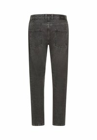 Black denim jeans with a straight leg design, featuring a five-pocket layout, belt loops, and a slightly faded texture.