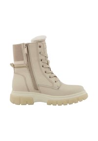 Světle béžové kotníkové boty s texturovaným povrchem, šněrováním vpředu, postranními zipy a robustní bílou podešví. Měkká podšívka viditelná na vršku.