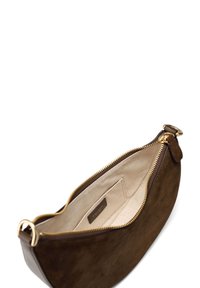 Brown suede handbag with a zip closure, gold-tone hardware, and a textured exterior. The interior is lined in beige fabric with a label.