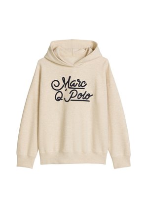 Beżowa bluza z kapturem z długimi rękawami i czarnym kursywnym logo "Marc O' Polo" wyśrodkowanym z przodu.