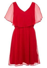 Robe en chiffon rouge avec un décolleté en V, des manches courtes volantées et une taille élastique. La jupe tombe doucement jusqu'à mi-cuisse.