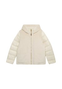 Giacca beige con cappuccio, pannello frontale in peluche e maniche imbottite. Dotata di zip frontale e due grandi tasche anteriori. Texture liscia.