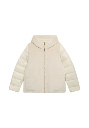 Beige gewatteerde jas met capuchon, een zachte voorkant en opgeblazen mouwen. Voorzien van een ritssluiting aan de voorkant en twee grote zakken. Met een gladde textuur.