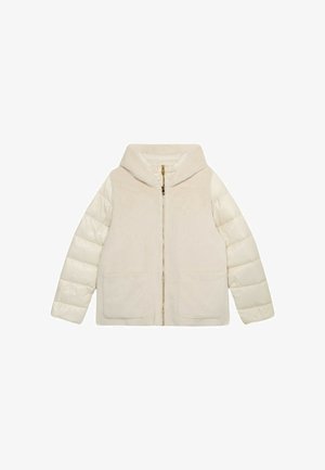 Giacca beige con cappuccio, pannello frontale in peluche e maniche imbottite. Dotata di zip frontale e due grandi tasche anteriori. Texture liscia.