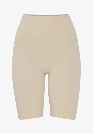 Beige keha kujundavad lühikesed püksid kõrge elastse vöökohtaga. Sile tekstuur, keha järgiv lõige, põlvekõrgune disain, sobib kihiliseks kandmiseks.