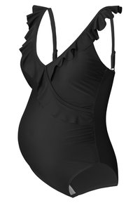 Zwarte zwangerschapsbadmode met gerimpelde schouderbanden, textuurstof en zijrimpelingen voor extra comfort en pasvorm.