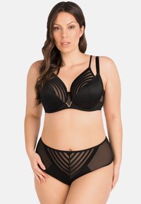 Set de lenjerie neagră, care include un sutien cu panouri transparente cu dungi și un accent auriu, asociat cu chiloți cu talie înaltă, având detalii din plasă geometrică.