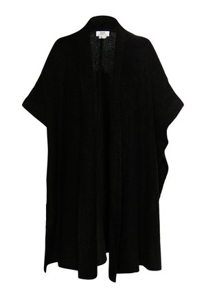 Poncho nero lavorato a maglia con apertura frontale e maniche corte. Il tessuto ha un aspetto testurizzato e arriva fino a metà coscia.