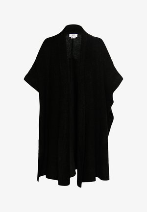 Schwarzer gestrickter Poncho mit offener Vorderseite und kurzen Ärmeln. Der Stoff hat eine strukturierte Optik und reicht bis zur Mitte des Oberschenkels.