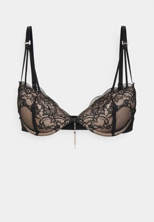 Zwarte kanten bh met doorzichtige mesh cups, onder ondersteuning, verstelbare bandjes en een decoratieve hanger in het midden. Complex bloemenprint.