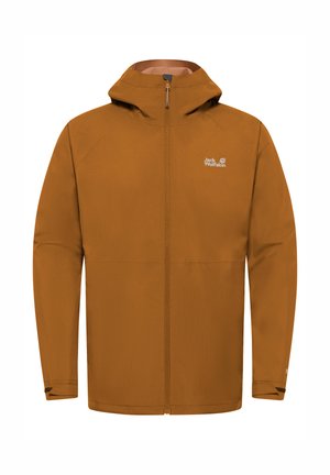 Braune Outdoor-Jacke mit Kapuze, durchgehendem Frontreißverschluss und verstellbaren Handgelenksriemen, mit einem kleinen weißen Jack Wolfskin Logo auf der Brust.