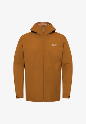 Veste d'extérieur marron à capuche avec fermeture éclair complète sur le devant et sangles ajustables au poignet, affichant un petit logo blanc Jack Wolfskin sur la poitrine.