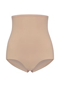 Mutande modellanti senza cuciture a vita alta in color carne per donne, realizzate con un tessuto morbido progettato per il controllo della pancia e il comfort.