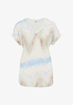 Korte mouw V-hals t-shirt in beige met een blauw en terracotta tie-dye patroon. Katoenmengsel, zachte textuur en opgerolde mouwen voor een casual fit.