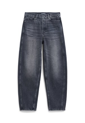 Dark gray, high-waisted denim jeans with a loose fit. Features five pockets, a button closure, and subtle fading effects for texture.