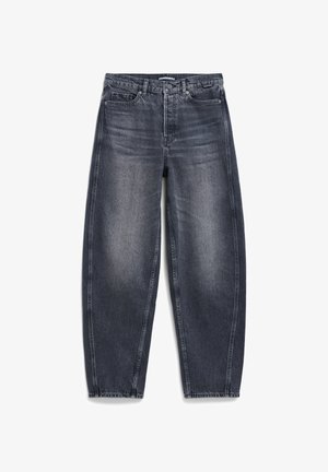 Dunkelgraue, hoch taillierte Jeans aus Denim mit lockerer Passform. Verfügt über fünf Taschen, einen Knopfverschluss und dezente Auswaschungen für Struktur.