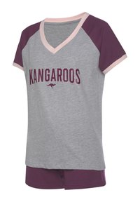 Grey and burgundy short-sleeve pajama set with a v-neck, featuring "KANGAROOS" text and kangaroo logo on the front, made of cotton.