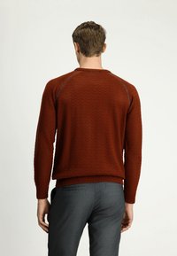 Sweter z dzianiny w kolorze rdzy z wzorem zygzaka i żebrowym wykończeniem. Posiada rękawy raglanowe oraz kontrastowe szwy wzdłuż szwów na ramionach.