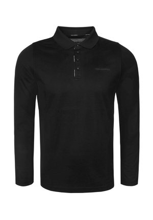 Czarna koszulka polo z długim rękawem wykonana z dzianiny dżersejowej, z kołnierzykiem, plisą na guziki oraz subtelnym logo. Luźny krój.