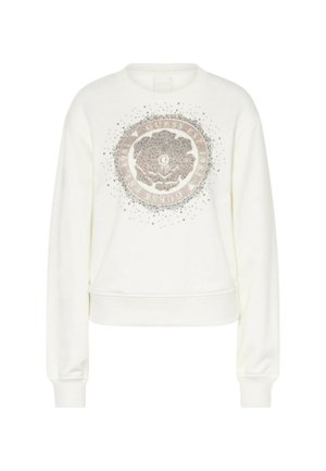 Felpa bianca con un design grafico rotondo e dettagli intricati. Presenta polsini e orlo a coste, realizzata in un materiale morbido e testurizzato.