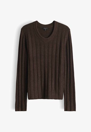 Brauner, gerippter Strickpullover mit einem weiten Rundhalsausschnitt und langen Ärmeln. Verfügt über eine weiche Textur und eine lockere Passform.