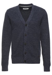 Marinblå cardigan i texturerad tyg, med V-hals, långa ärmar och fem bruna knappar framtill.