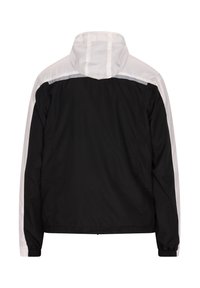 Black and white windbreaker jacket featuring a hood, elastic cuffs, and a sleek design with contrasting color panels along the shoulders.
