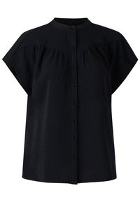 Camicia nera con bottoni, colletto alla francese, maniche corte, dettaglio arricciato sulle spalle e vestibilità rilassata. Tessuto morbido e testurizzato.