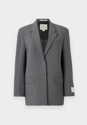 Grijze blazer met een gestructureerd ontwerp, een enkelrijige sluiting, twee voorzakken en een subtiele glans. Voorzien van bruine knopen en een label aan de binnenkant.