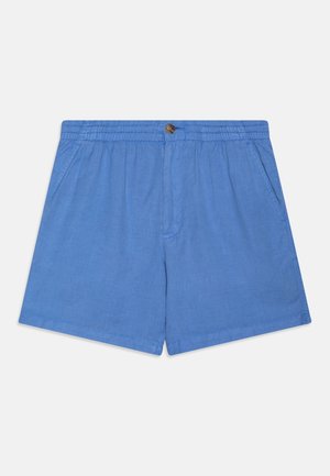 Lyseblå shorts lavet af stof med elastik i taljen, forsynet med knap foran, to sidelommer og synlig søm.