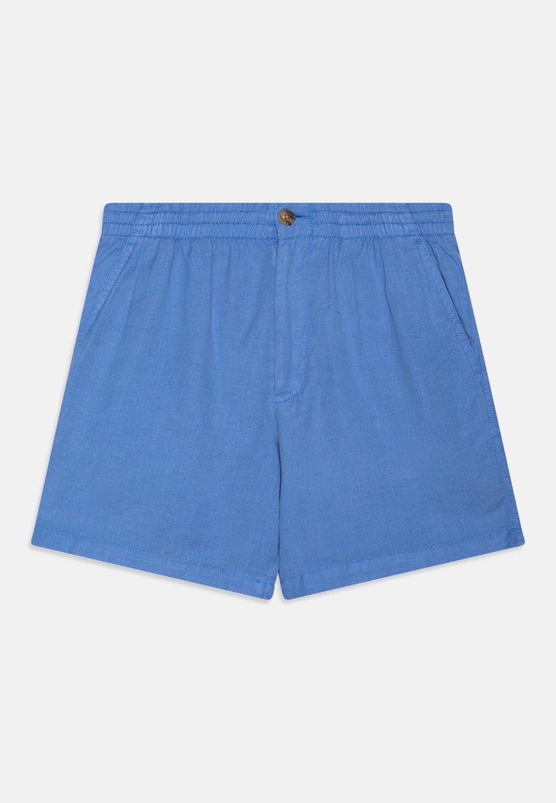 Shorts bleu clair en tissu avec une taille élastique, dotés d'un bouton à l'avant, de deux poches latérales et de détails de couture visibles.